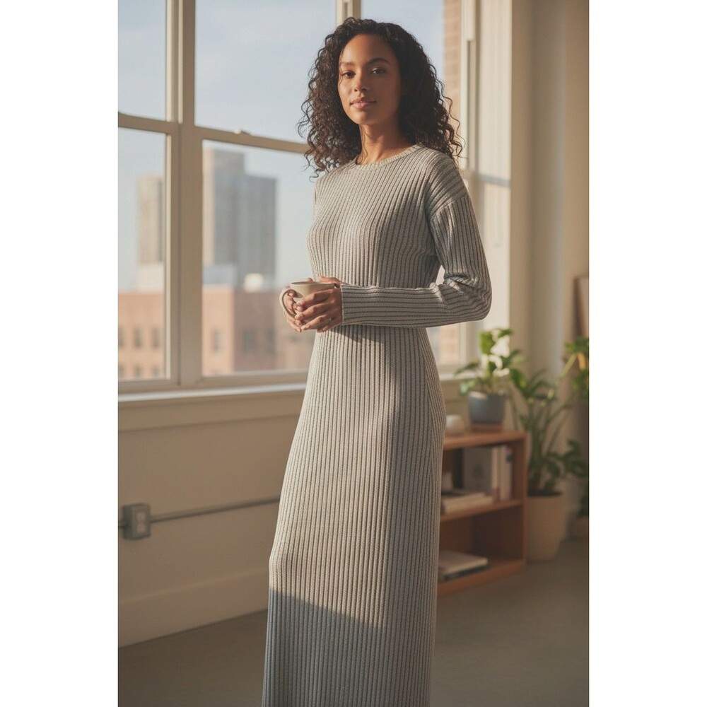 TopShop NWOT womens grey ribbed long sleeve midi bodycon dress sz 8 minimalist